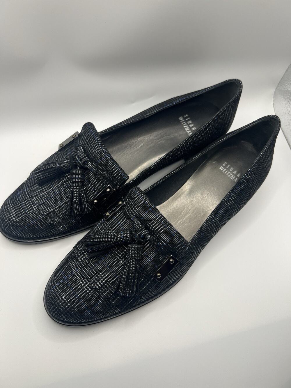 Stuart Weitzman Hinges Plaid Pewter Scotch Nappa Kilted Loafers Size 8